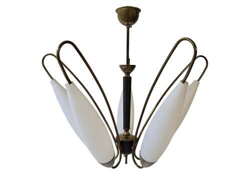 Elegant Italian Mid Century Chandelier With Opaline Glass Shades, Stilnovo Style