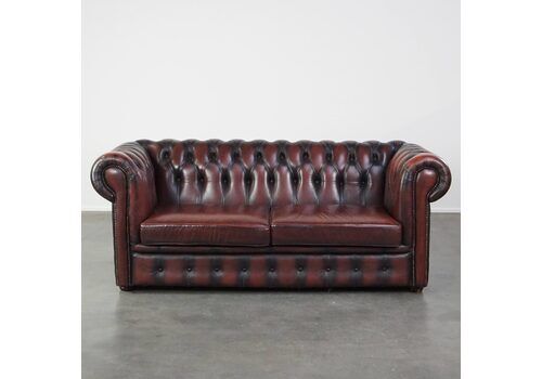 Crazy Colored Dark Red Flamed And Comfortable Cow Leather 2,5 Seater Chesterfield Sofa