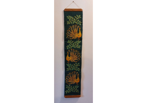 Fab Vintage Retro Swedish Hanging Embroidery Wall Art Green & Yellow Peacocks
