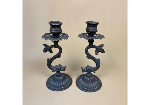Antique Pair Of 2 Oriental Black Metal Dragon Fish Candlestick Table Candle Stick Holder Detailed Dinner Round Vintage Chinese Bronze Set