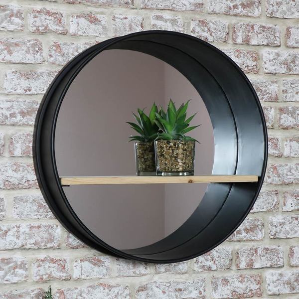 Round Industrial Metal Framed Wall Mirror With Shelf 49cm X
