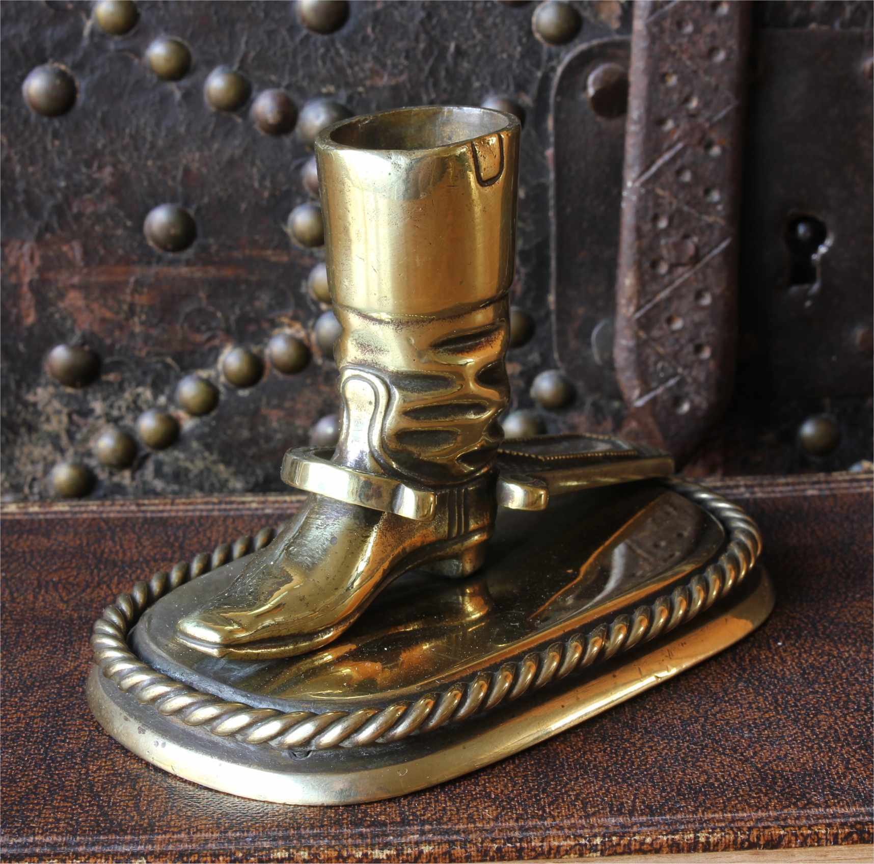 Victorian Brass Boot Jack Match Holder Cowboy Riding Boot