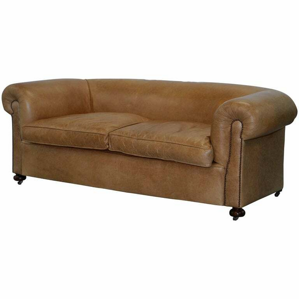 1 Of 2 Vintage Victorian Style Restored Brown Leather Club Sofas Coil ...