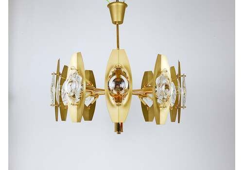 Oscar Torlasco 25“ Brass Chandelier With Optical Prism Lenses, Italy, 1970s