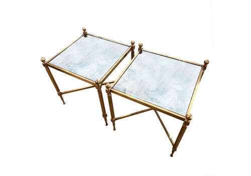 Pair Of French Midcentury Low Single Tier Side Tables With Eglomise Glass