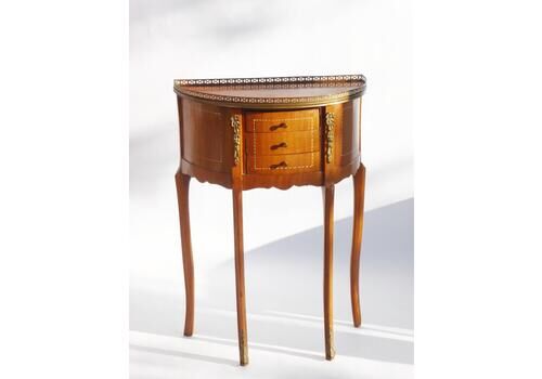 Antique French Louis XV Nightstand, Marquetry Side Table With Brass Details, Wooden Tall Demilune Table With Drawers