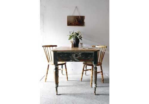 Rustic Pine Farmhouse Table On Castors With Distressed Green Paint Finish And Cutlery Drawer