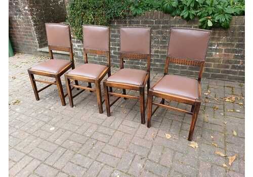 Set Of 4 Antique Oak Dining Chairs With Carved Backs & Studded Faux Leather Seats Early 20th Century Arts And Crafts Style