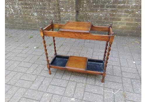 Vintage Oak Barley Twist Stick Stand With Drip Trays & Baize Lined Hinged Compartment, Early 20thc Umbrella Hall Stand