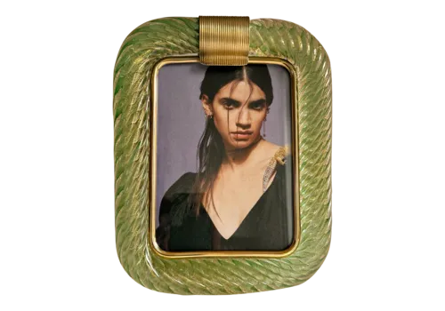 Mid Century Modern Style Green "Torchon" Murano Small Glass Picture Frame And Brass In Barovier Style