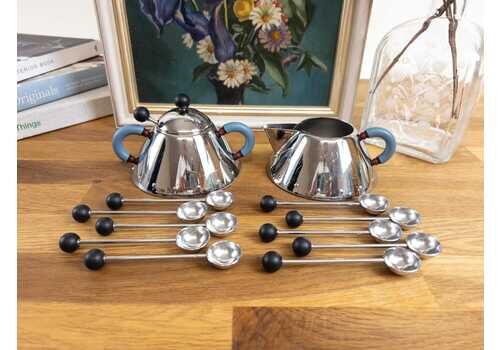 Alessi Sugar And Creamer Set With 11 Coffee Spoons Designed By Michael Graves   Postmodern Design