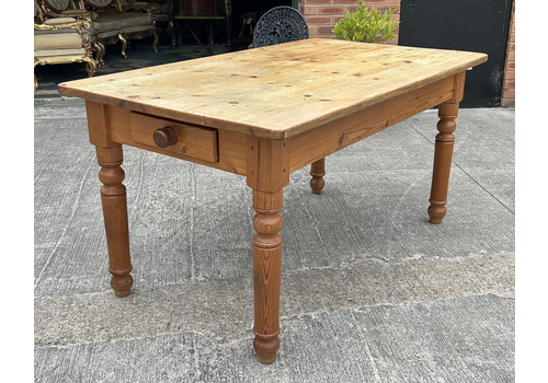 Vintage Reclaimed Rustic Pine Farmhouse Kitchen Dining Table With Two Drawers