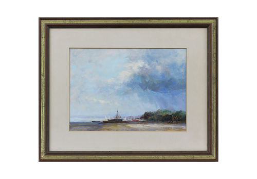 Oil On Board Behind Glass By Mohammed Djazmi. Beached Fishing Boats.