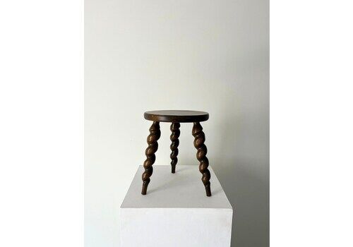 Modernist Wooden Stool Side Table With Screw Twist Tripod Legs C.1940 Charles Dudouyt Style Solid Oak Wood Rustic Milking Stool