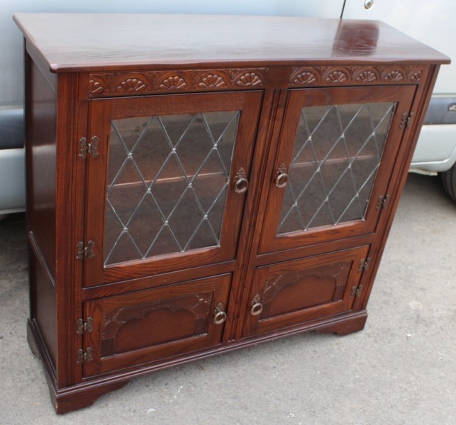 1960s Medium Oak Cabinet With Lead Glass Doors