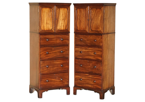 Pair Of Castle Howard Antique 1840 Mahogany Tallboy Chest Of Drawers Cupboards