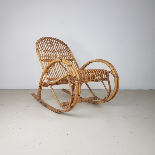 Midcentury Italian Franco Albini Style Rattan Rocking Chair Vinterior