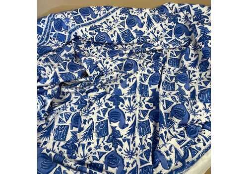 Hand Printed Indian Fabric 296x147cm Dodo Bird Pattern Block Blue White Tapestry Cotton Handmade Craft Dress Making Traditional Cloth India