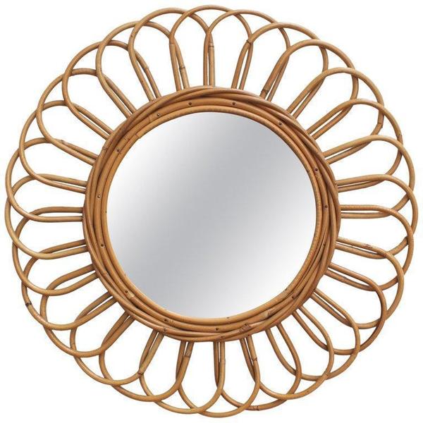 Vintage French Sunflower Rattan Wall Mirror Circa 1960s