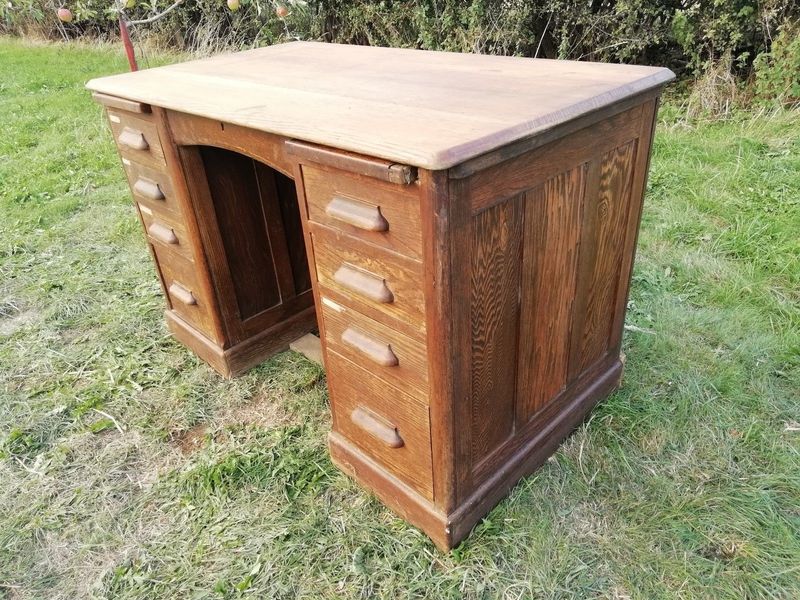 Vintage C1930 S Oak Teachers School 7 Drawer Double Pedestal Desk School 7 Drawer Double Pedestal Desk