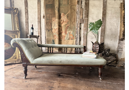 Fine  Antique Mahogany Sage Green Velvet Day Bed Chaise Lounge Longue 1880 C