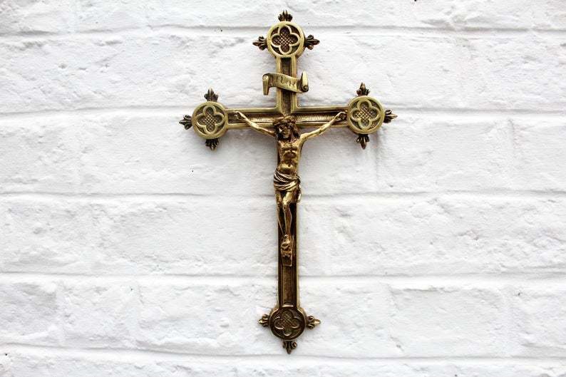 Large Vintage Brass Bronze Crucifix Wall Hanging Trinity Crucifix