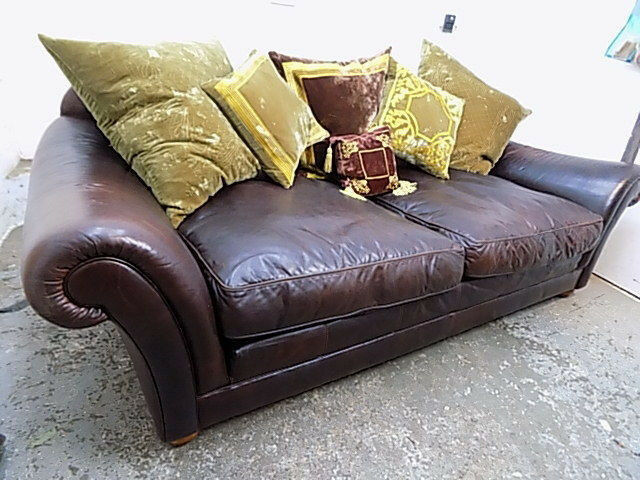 Large Leather 2 Seat Sofa Velvet Feather Cushions Settee Chocolate