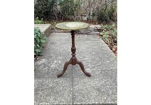 Vintage Engraved Brass Tray Side Table On Turned Wooden Tripod Base, Vintage Wine Table, Plant Stand, Wood And Brass Lamp Table