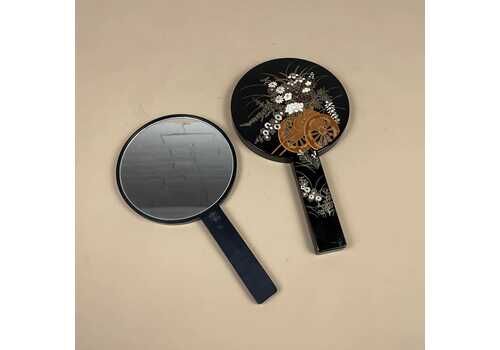 Vintage Oriental Handheld Mirror Chinoiserie Black Gold Hand Held Make Up Ornate Lacquered Wood Wooden Cover Case Box Circle Round