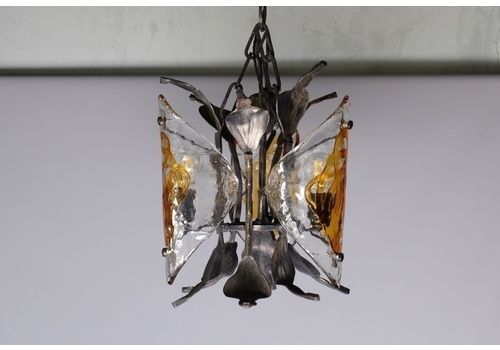Brutalist Cast Iron And Murano Glass Chandelier