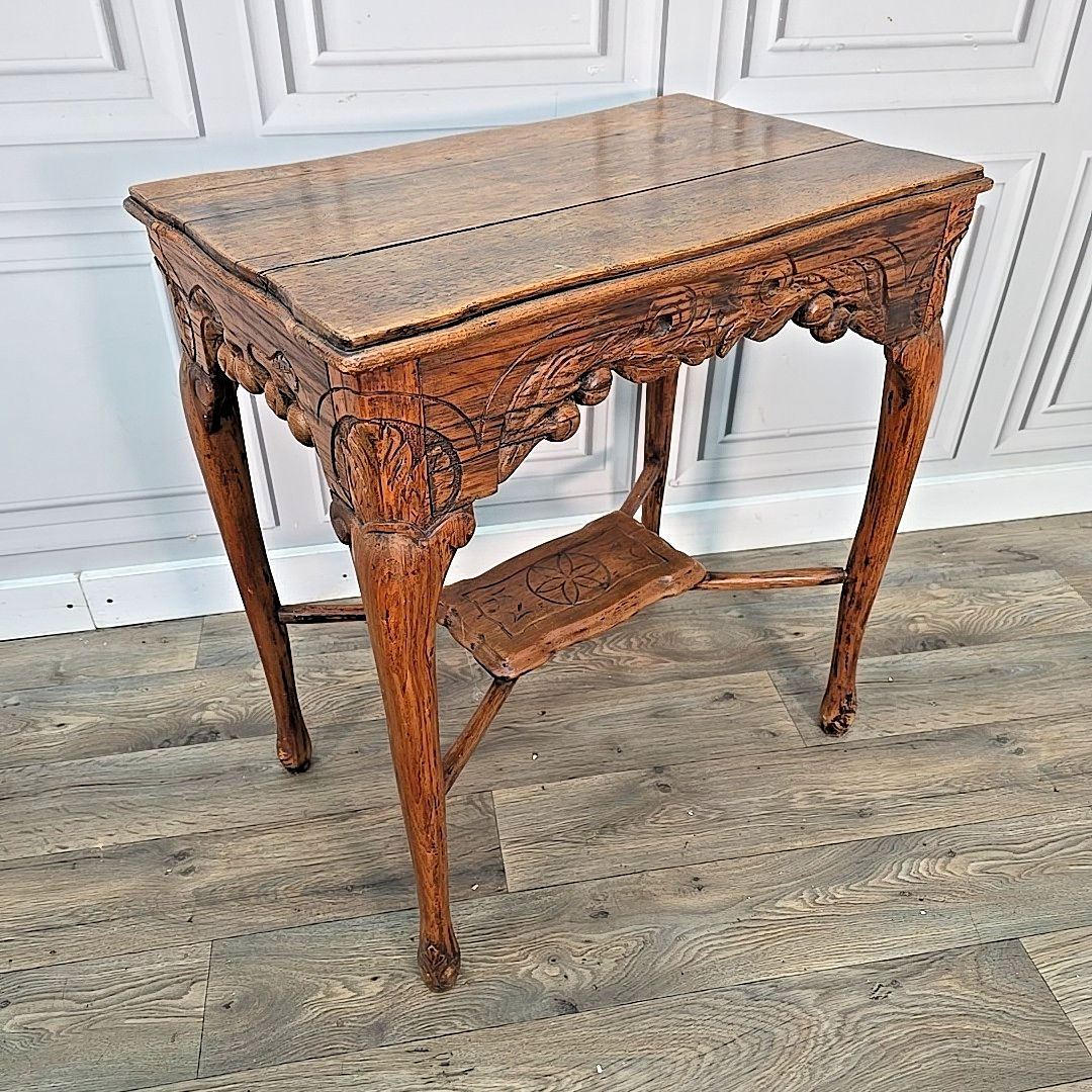 Antique French Side Table Solid Oak – Carved Provincial Wood Lamp