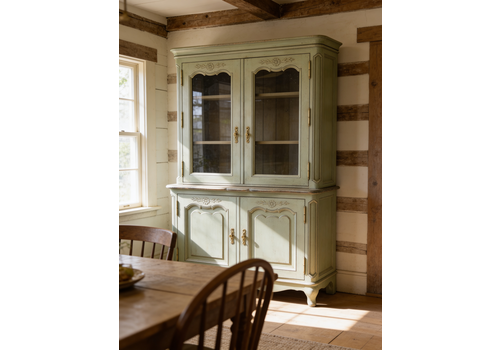 Stunning Vintage French Painted Pine Cabinet Glazed Doors Carving Shelves Cabriole Legs
