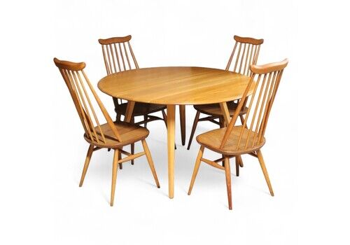 Mid Century Ercol Elm & Beech Drop Leaf Dining Table With 4 Goldsmith Chairs
