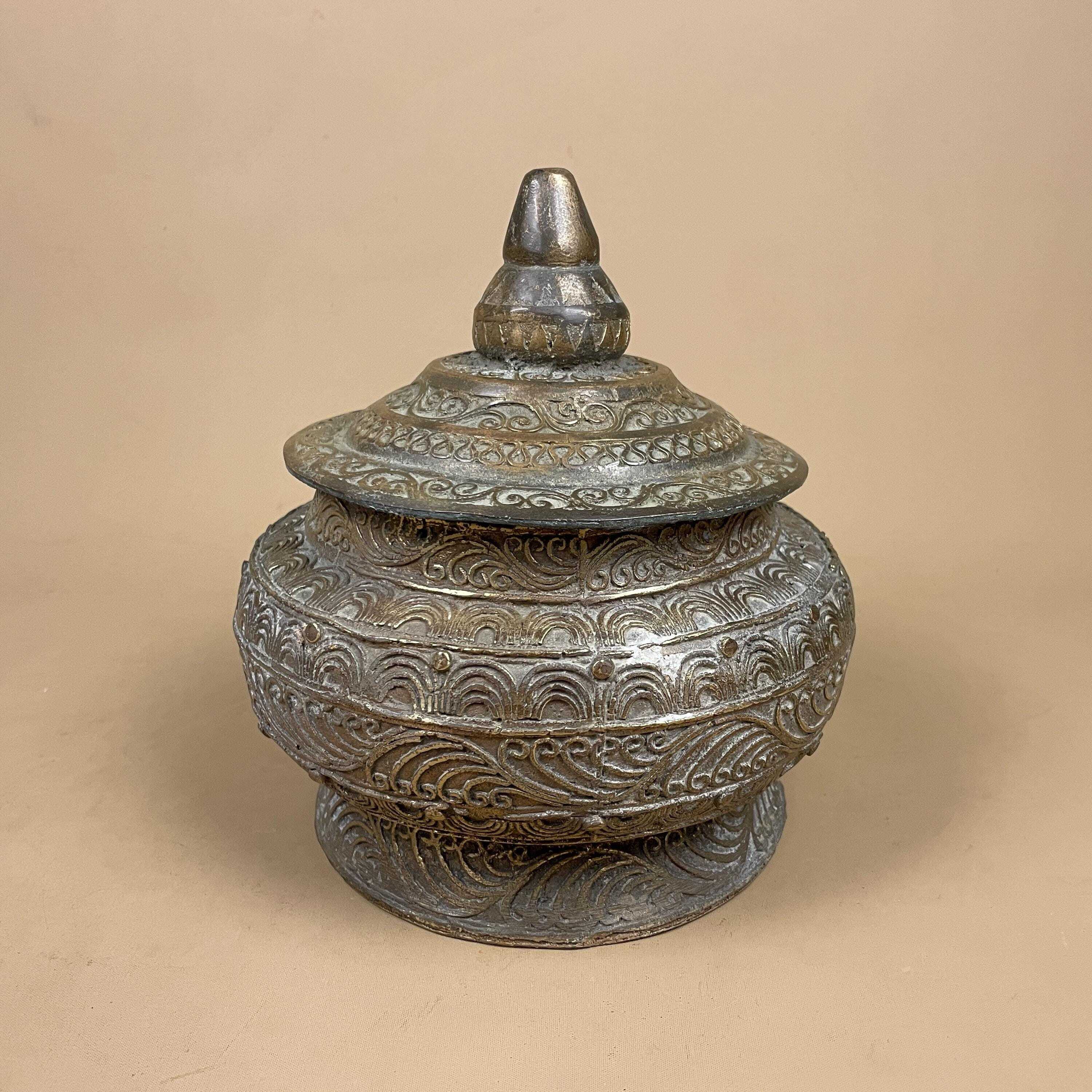Antique Metal Gold Indian Patterned Brass Pot Lidded Lid Asian 