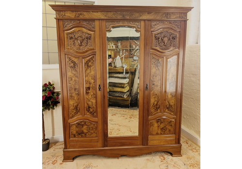Large Edwardian Walnut & Burr Carved Double Wardrobe