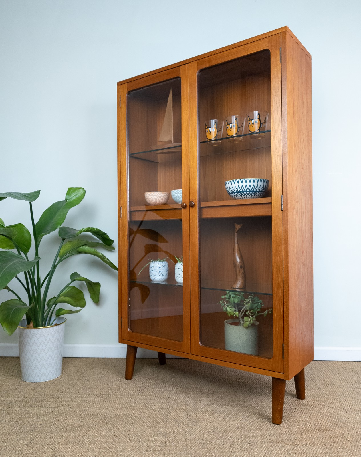 Refinished Vintage Mid Century Teak G Plan Glazed Bookcase Display Drink Cabinet