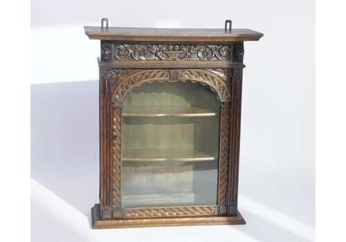 Antique Gothic Wooden Display, Carved 19th Century Glass Wall Cabinet With Lion Head