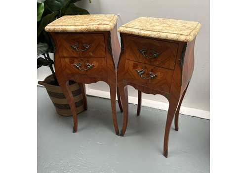 Louis XV French Marble Topped Marquetry Kingwood Bombe Nightstand Bedside Tables