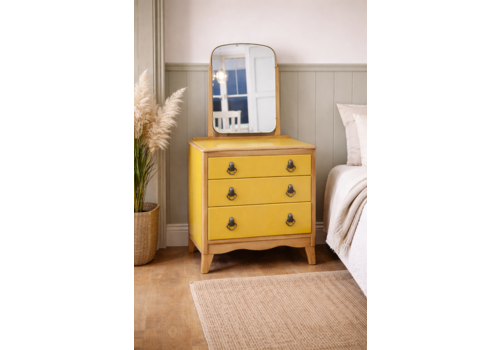 Restored Lebus Yellow Dressing Table With Mirror, 3 Drawers, Mid Century