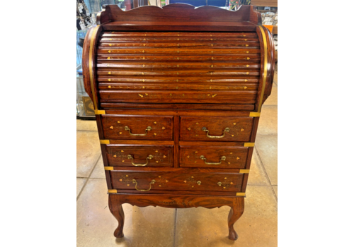 Vintage Mahogany & Brass Inlay Roll Top Bureau With Drawers
