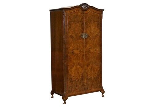 Art Deco 1920's Queen Anne English Burr Walnut Two Door Wardrobe