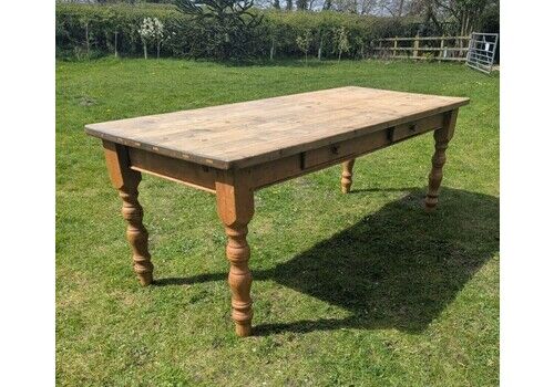 Antique Pine Farmhouse Dining Table 2 Drawers