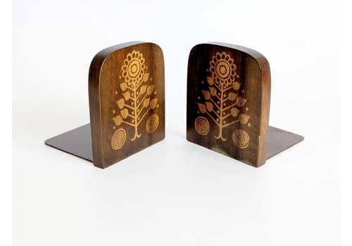 Paar vintage houten boekensteun, jaren 1970 mid-century modern bloemmotief