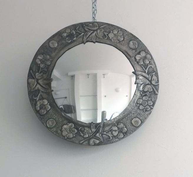 Vintage Pewter Convex Round Mirror