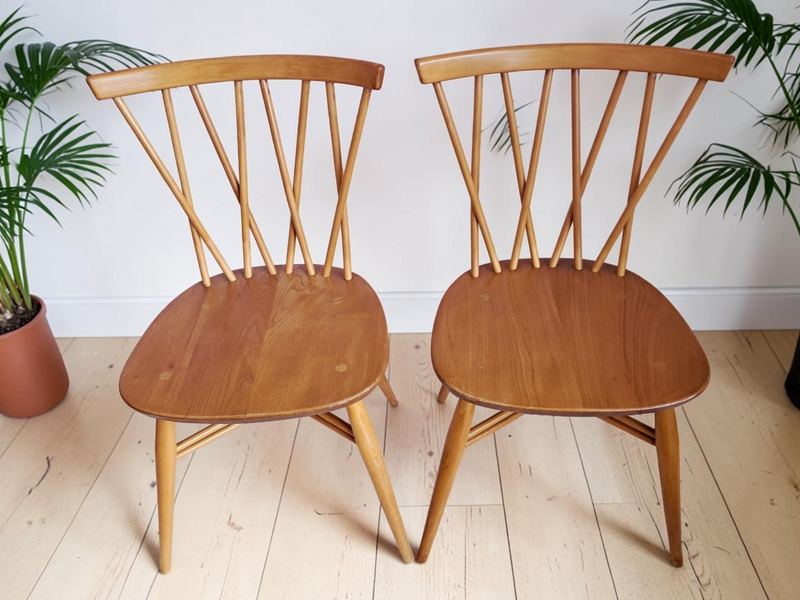 Pair Vintage Ercol Candlestick Dining Chairs Model 376 Mid Century Elm Beech 196