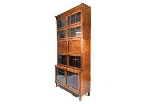 Antique 1930s Minty Oak Leaded Glass Fronted Sectional Bookcase & Bureau Cabinet