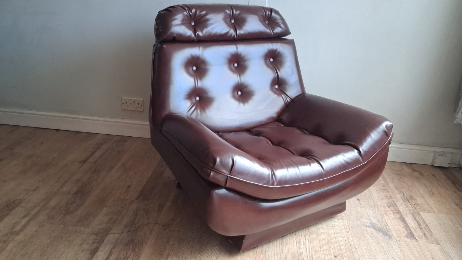 Delightful 1960's Style Buttoned Back Vinyl Low Profile Mid Century Armchair