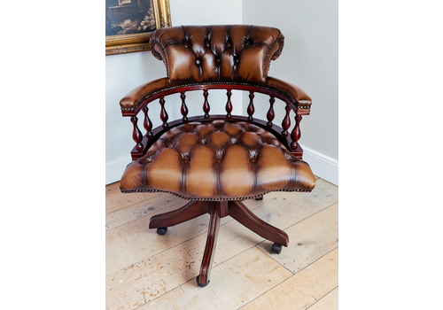 Antique Style Captains Chair Chesterfield Style Brown Leather Swivel & Tilt Desk