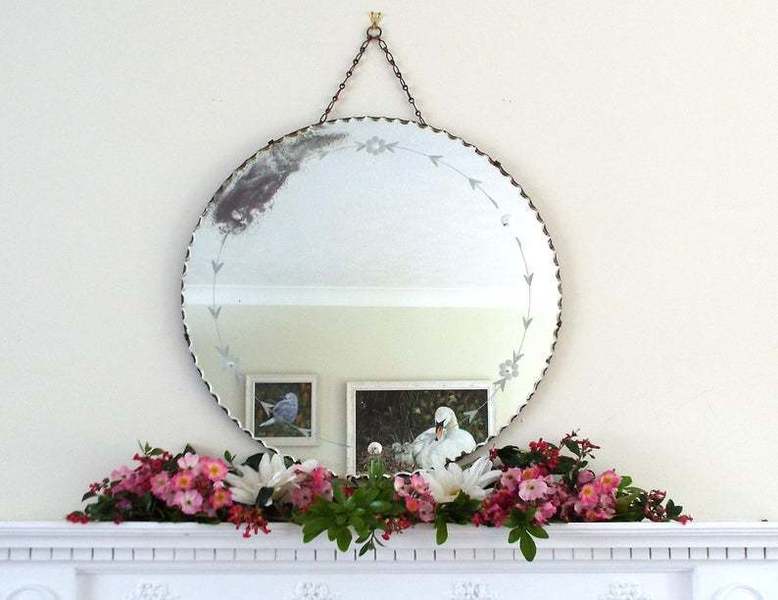 Rustic Antique Mirror Vintage Art Deco Frameless Round Piecrust Edge Fl Etched M424