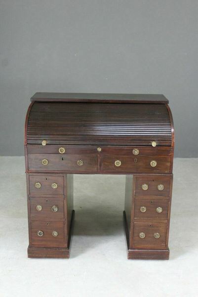Antique George Iii Georgian Mahogany Small Tambour Roll Top Writing Desk Vinterior